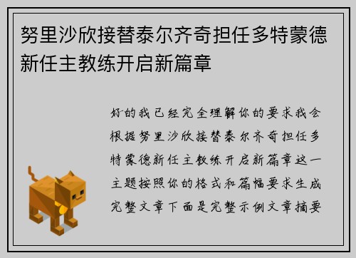 努里沙欣接替泰尔齐奇担任多特蒙德新任主教练开启新篇章 努里沙欣接替泰尔齐奇担任多特蒙德新任主教练开启新篇章
